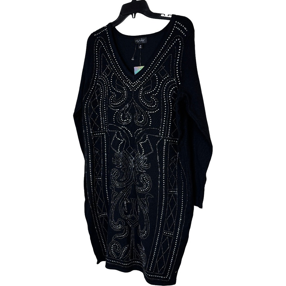 Say What Womens 2X Black Rhinestone Embellished V-Neck Sweater Dress Tunic NEW - Picture 11 of 11